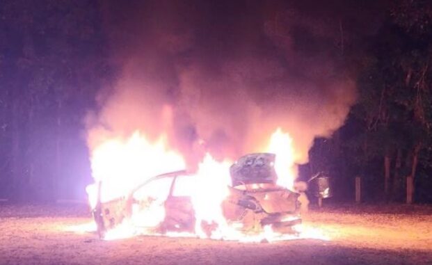 The owner of this vehicle was taken into custody after he allegedly set fire to the vehicle Monday at Lake Waccamaw. (Courtesy of LWPD)