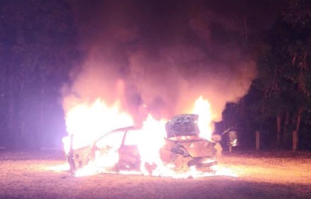 The owner of this vehicle was taken into custody after he allegedly set fire to the vehicle Monday at Lake Waccamaw. (Courtesy of LWPD)