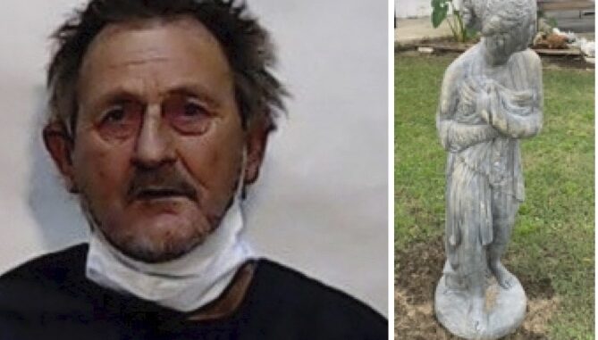 Frank Phillips and one of the statues he is alleged to have stolen. (courtesy CCSO)