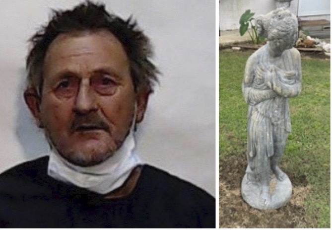 Frank Phillips and one of the statues he is alleged to have stolen. (courtesy CCSO)