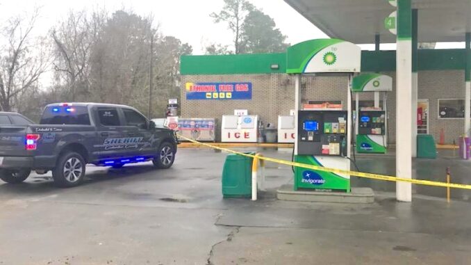 Crime scene tape surrounded the gas pumps and front door of the Sam's Pit Stop Saturday after a man was stabbed.