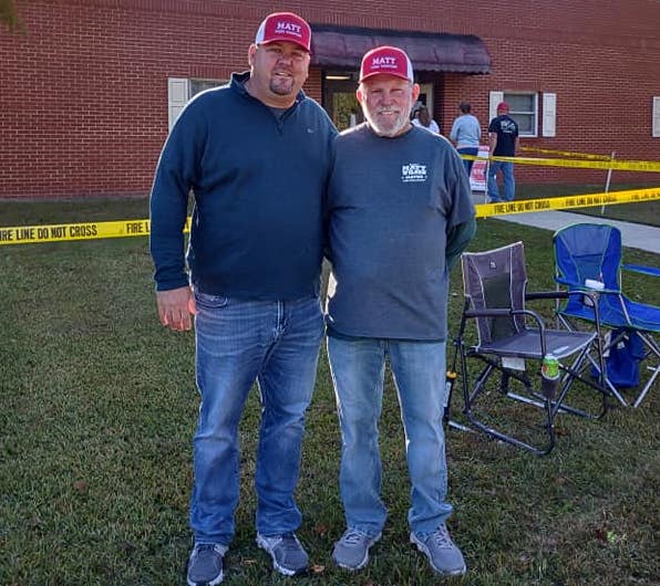 Mayor Elect Matt Wilson and his father Rodney working the polls Tuesday morning (Crystal Faircloth photo)