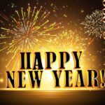 Happy New Year sign with fireworks