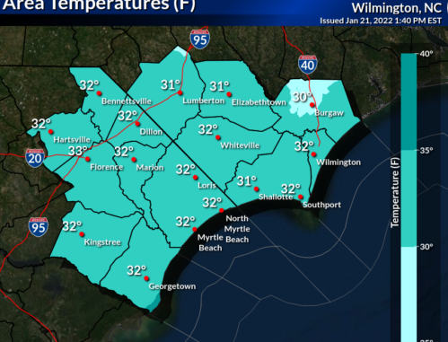 This National Weather Service graphic shows continued temperatures at and below the freezing mark throughout today. (NWS)
