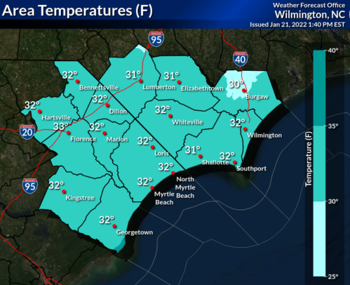 This National Weather Service graphic shows continued temperatures at and below the freezing mark throughout today. (NWS)