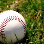 A baseball on the grassy ground  