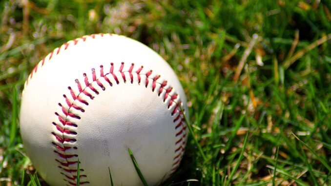 A baseball on the grassy ground  