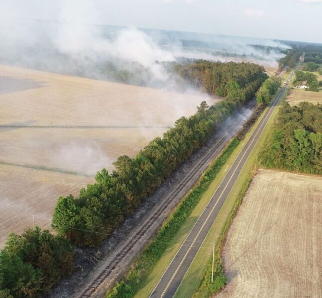 Drone photo showing extent of Wednesday's fire near Cerro Gordo. (Courtesy Jason Durdle)