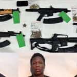 Davon long, JaQuavious Bellamy, and Rajon Reaves with the weapons seized by arresting deputies. (CCSO photos)