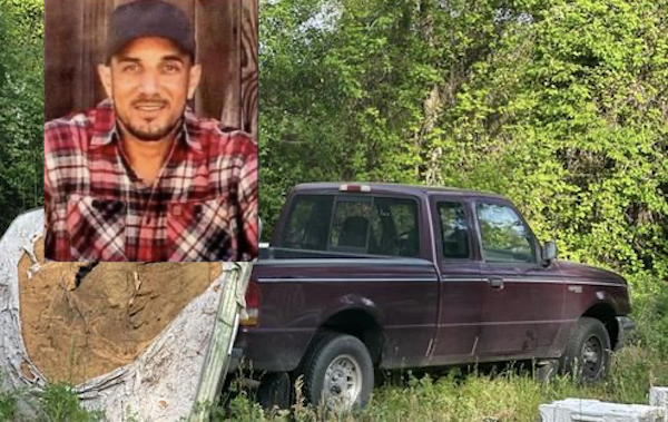 Scotti Tyler (inset) is wanted for murdering the mother of his children Sunday. His truck was found by Robeson detectives Tuesday morning. (RCSO)
