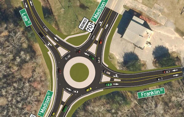 Rendering of the planned roundabout at the south end of downtown Whiteville. (NCDOT)