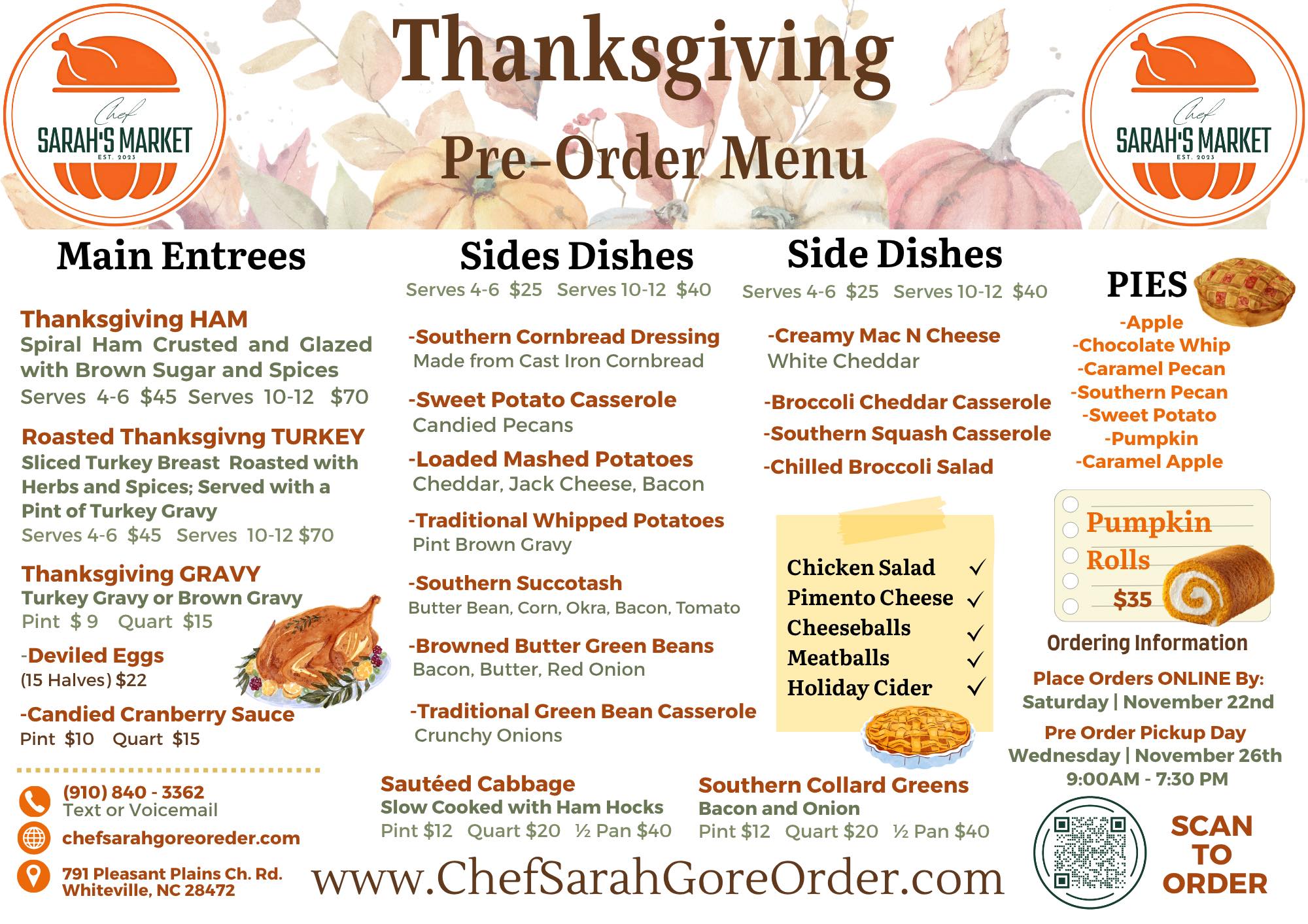 Chef Sarah Thanksgiving Menu