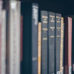 A focused view of books on a library shelf featuring various titles in soft lighting.