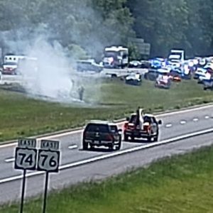 Fire, rescue and law enforcement are on the scene of a crash involving a deputy on U.S. 74. (Jonathan Ward photo)