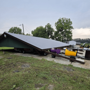 High winds and heavy rain at Hallsboro caused this shed to collapse at Galloway Farms. (Alma Galloway/Facebook)