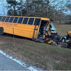The driver of the empty school bus was taken to an area hospital. (Submitted)