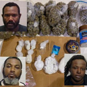 Donald LEe VEreen, Jesmaine Lamont Strickland, and Audrianna Watson, along with some of the contraband seized in Monday's raid.