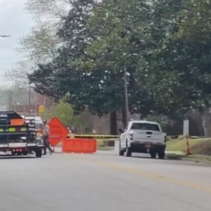 Whiteville Public Works, Duke Energy and DOT crews have blocked Madison Street while a storm-damaged tree is removed. (Nathan Cawley photo)