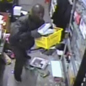 The suspect used a baseball bat to break through the front door of each store. (CCSO photo)